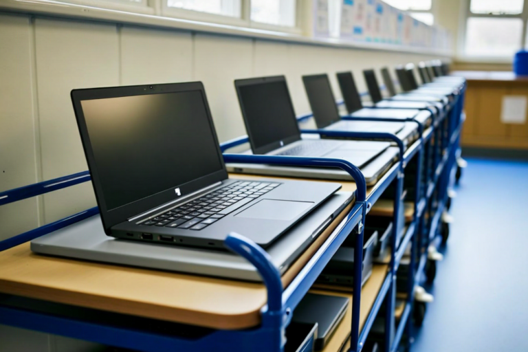 row of Chromebooks on school storage trolley in a UK primary school, neat arrang