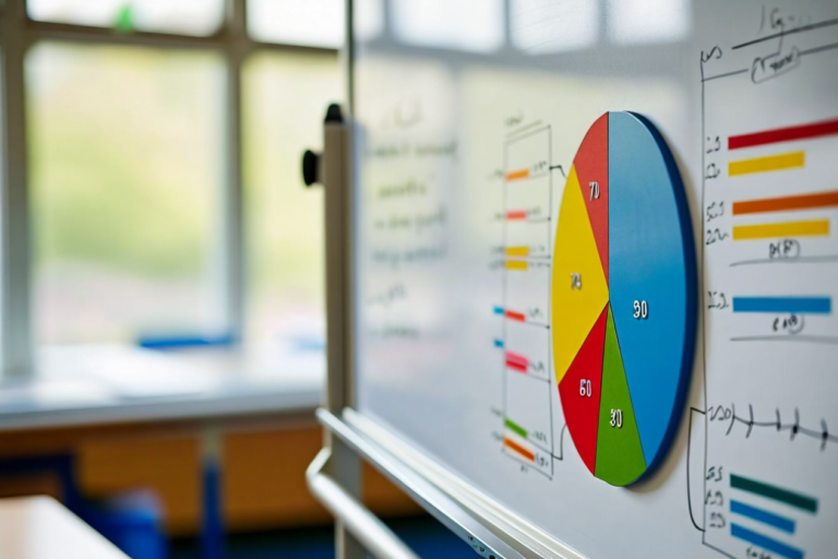 colourful pie chart divided into equal segments on a school whiteboard, maths cl