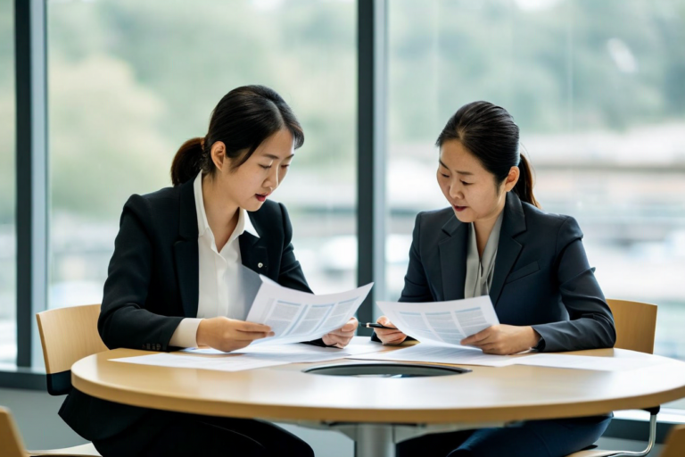 two professionals sitting at a round meeting table reviewing paper reports, scho