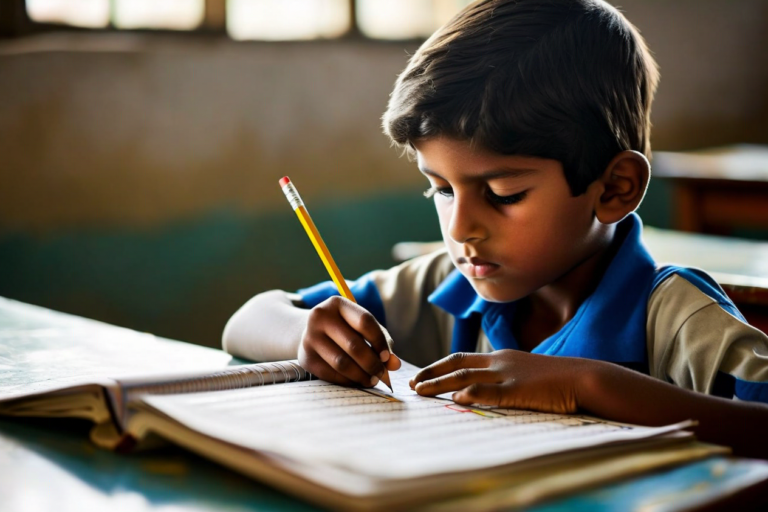 young student at a school desk working on a multiplication worksheet, pencil in 
