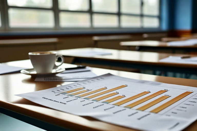 bar chart showing student progress data on graph paper overlaid on a classroom b