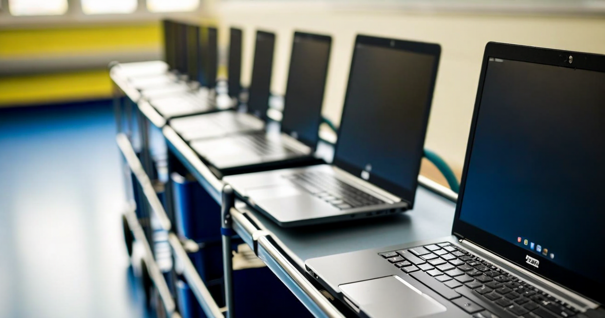 row of Chromebooks on a school storage trolley in a UK primary school, neat arra