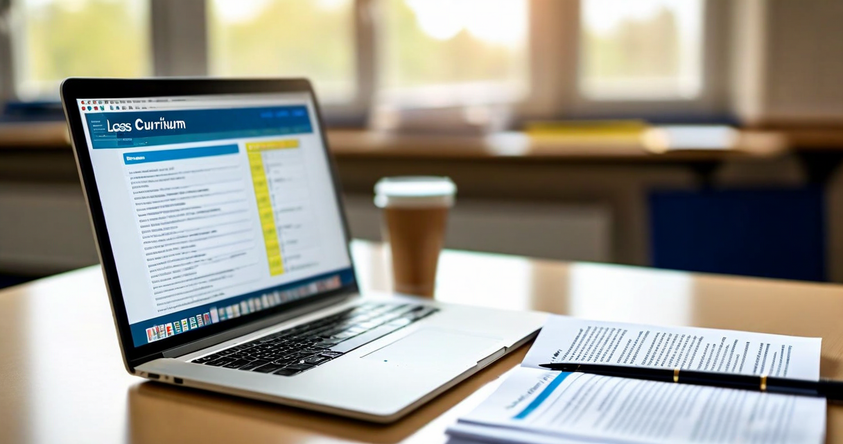 open curriculum document on desk beside a laptop showing a lesson interface, edu