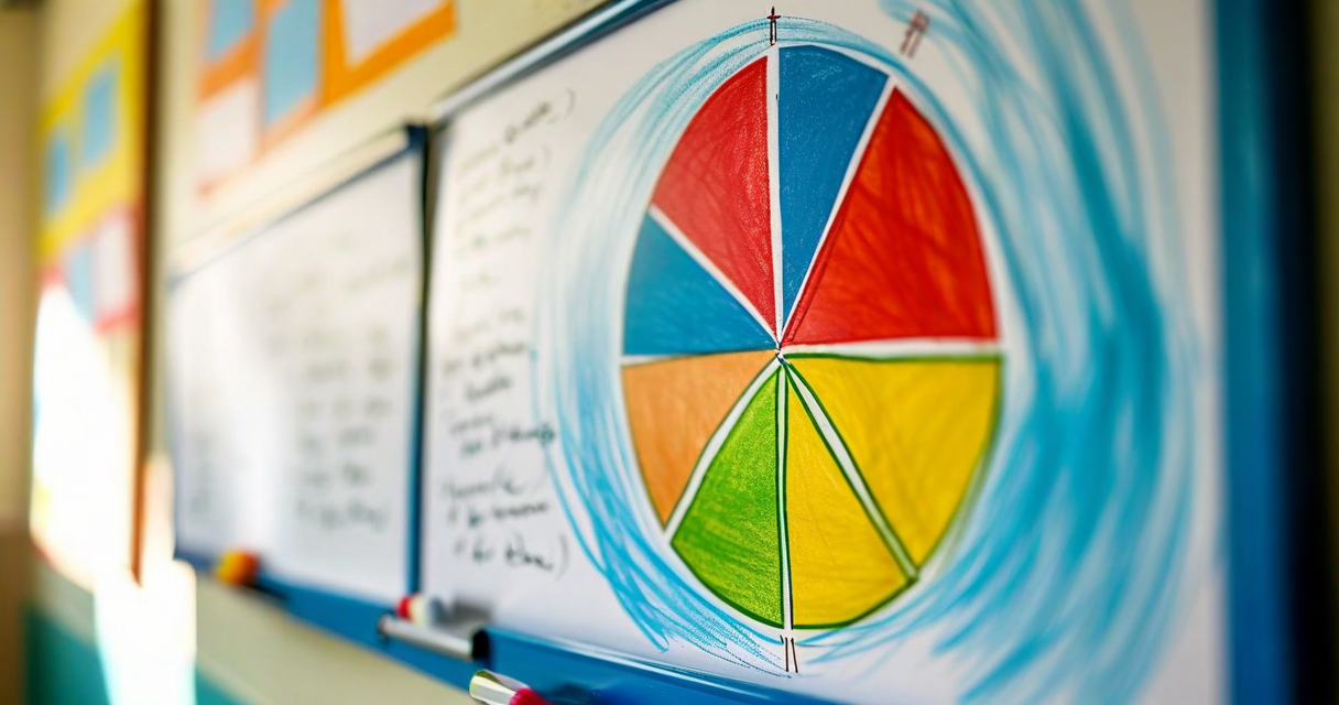 colourful pie chart divided into equal segments drawn on a school whiteboard, ma