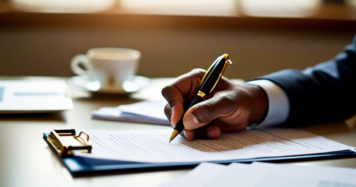 hand signing documents on a desk, professional setting, pen on official document