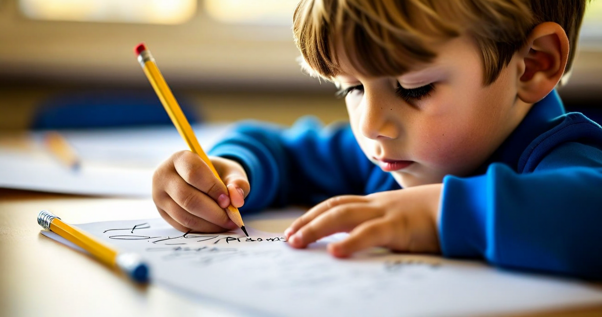 young primary school student working through a word problem written on paper at 