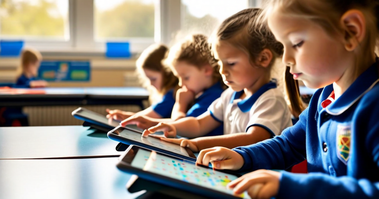 school classroom with children using tablets for maths practice, bright UK prima