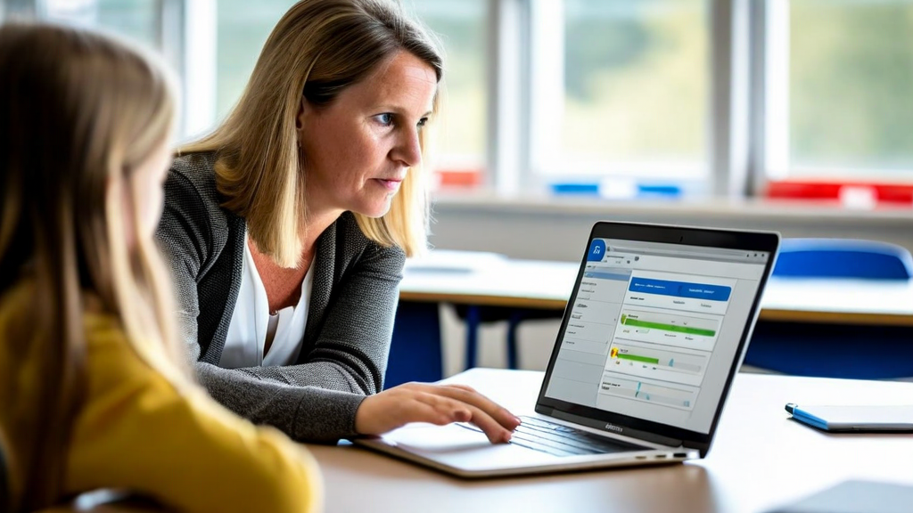 primary school teacher reviewing student progress dashboard on laptop, staffroom